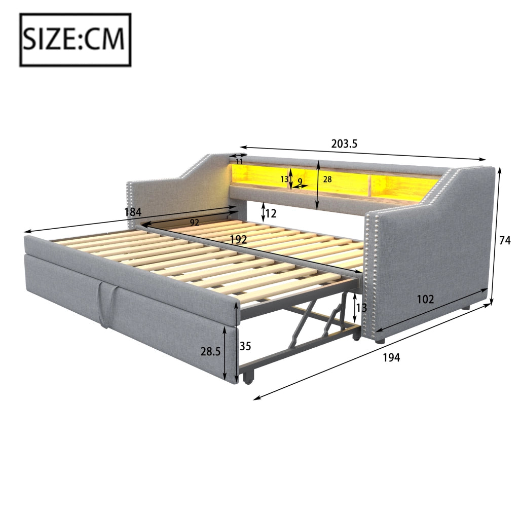Divano letto imbottito estraibile 90/180 x 190 cm con vani portaoggetti; LED e USB; grigio chiaro