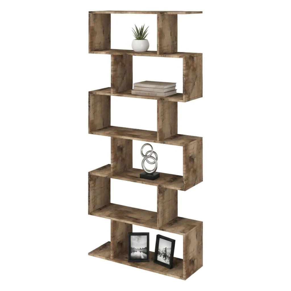 Libreria alta bifacciale a 6 Alowha, Made in Italy, Scaffale per libri e documenti, Libreria a zig zag da ufficio, cm 80x25h192, Acero