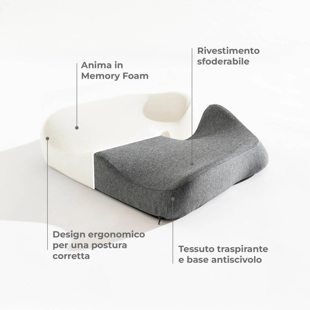 Cuscino Ergonomico in Memory Foam 47x41x12 cm Seduta Ortopedica per Sedia da Ufficio e Meditazione Supporto Antidolore per Schiena, Coccige e Postura, con Rivestimento Traspirante Rimovibile