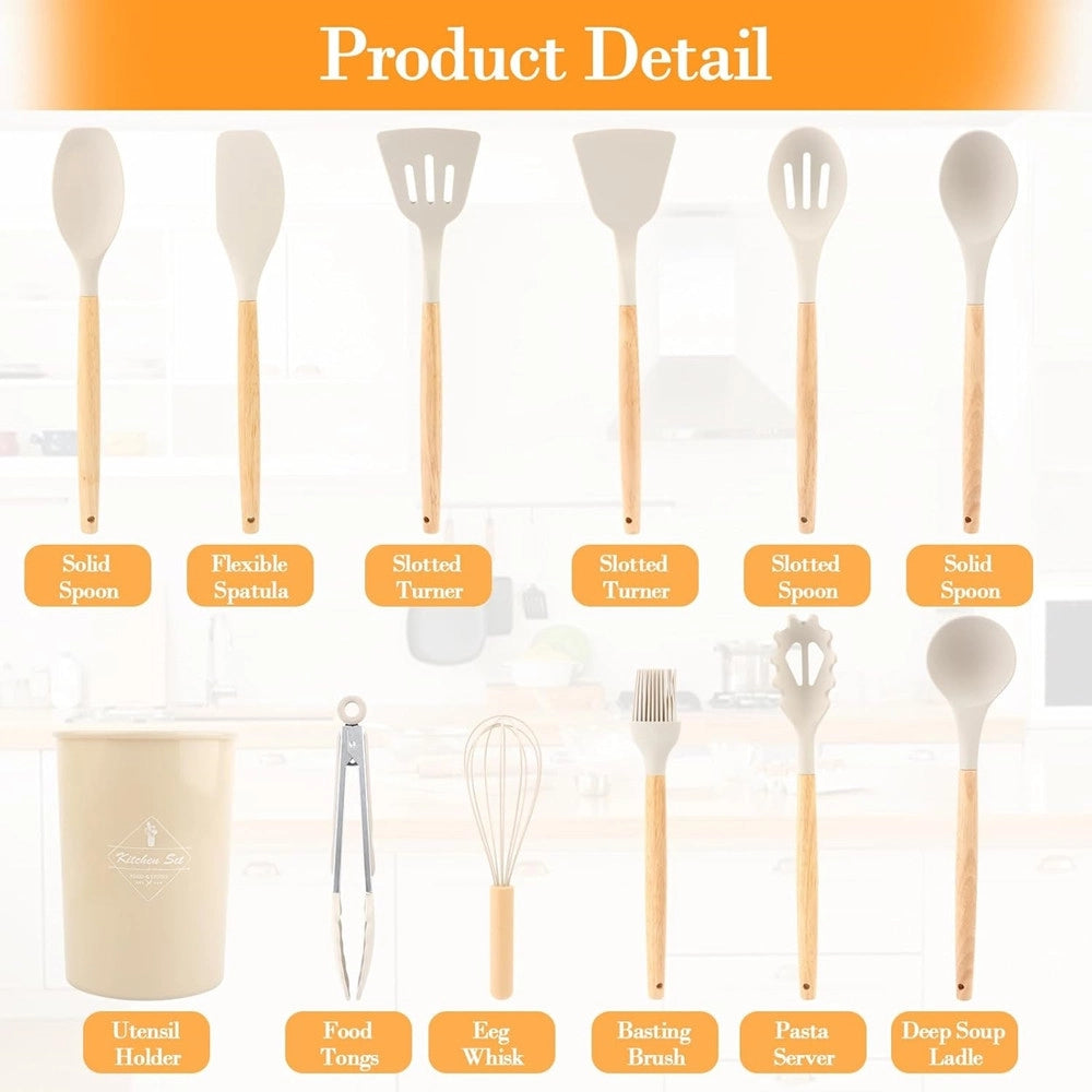Trade Shop - Set 12 Attrezzi Cucina In Silicone Antiaderente Con Porta Utensili Manico In Legno -