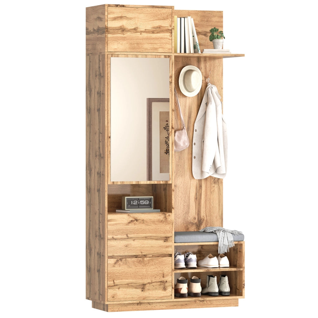 Mobile Ingresso con Specchio; Panchina e Appendiabiti con Cassetti e Scarpiera a Ripiani; MDF; Naturale; 90??34;5??190 cm