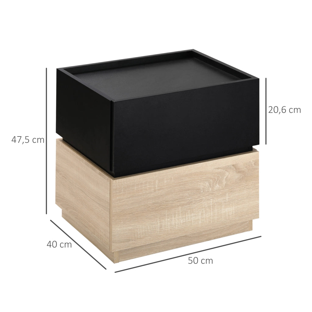 Comodino con cassetto, impilabile, comodino per camera da letto, in truciolato, nero+naturale, 50 x 40 x 47,5 cm