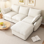 Divano angolare L in chenille beige con pouf, 3 posti, design moderno per soggiorno
