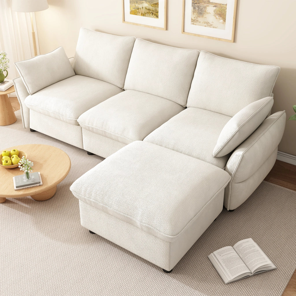 Divano angolare L in chenille beige con pouf, 3 posti, design moderno per soggiorno
