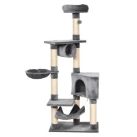 Tiragraffi a Colonna per Gatti con Cuccia, Amaca, Lettini Sospesi e Pali in Corda Sisal, Grigio, 60x40x154cm