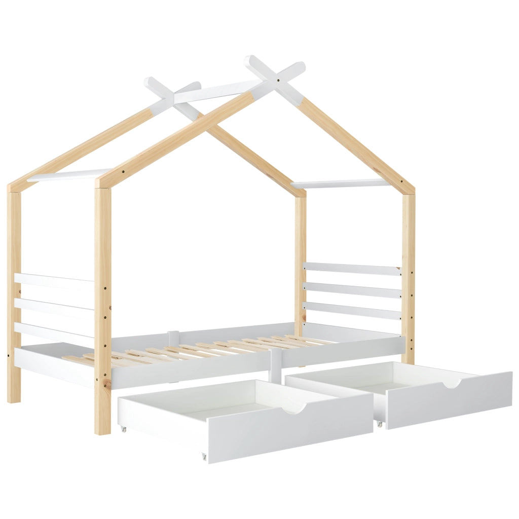 Letto a casetta per bambini con cassetti, in legno di pino e MDF, con rete a doghe, bianco, 90x200 cm