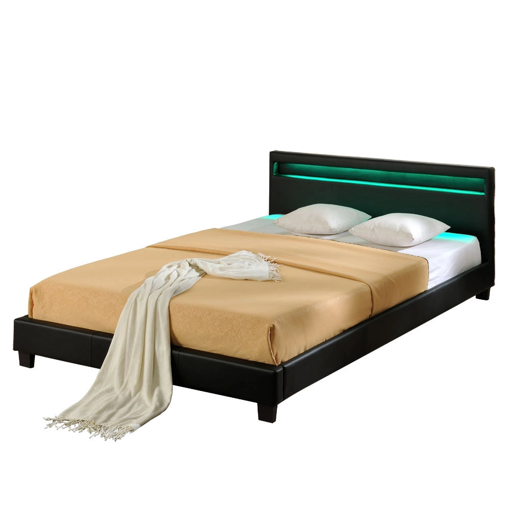 Letto Matrimoniale Imbottito 180x200 cm Testiera Alta con Illuminazione a LED Similpelle - Nero Corium