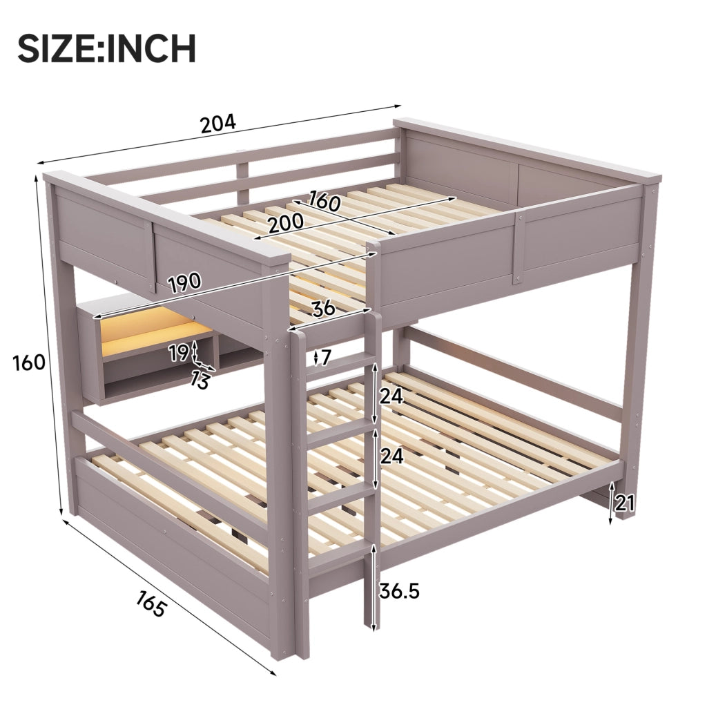 Letto a castello 160x200 cm in pino e MDF con 6 vani contenitori e luce LED; marrone