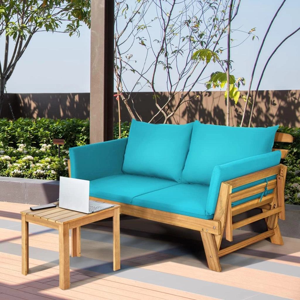 Divano Letto Pieghevole con Materasso da 2 Persone, Poltrona Sofa da 2 Persone Struttura in Legno, Moderno Divano Letto Pieghevole da Esterno, Grigio/Beige (Turchese)