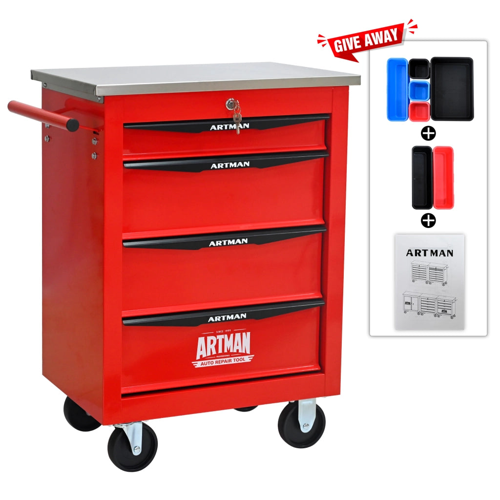 Carrello portautensili con 4 cassetti 4 ruote e serratura per garage e officina in acciaio rosso e nero 62.5 × 34.5 × 78 cm