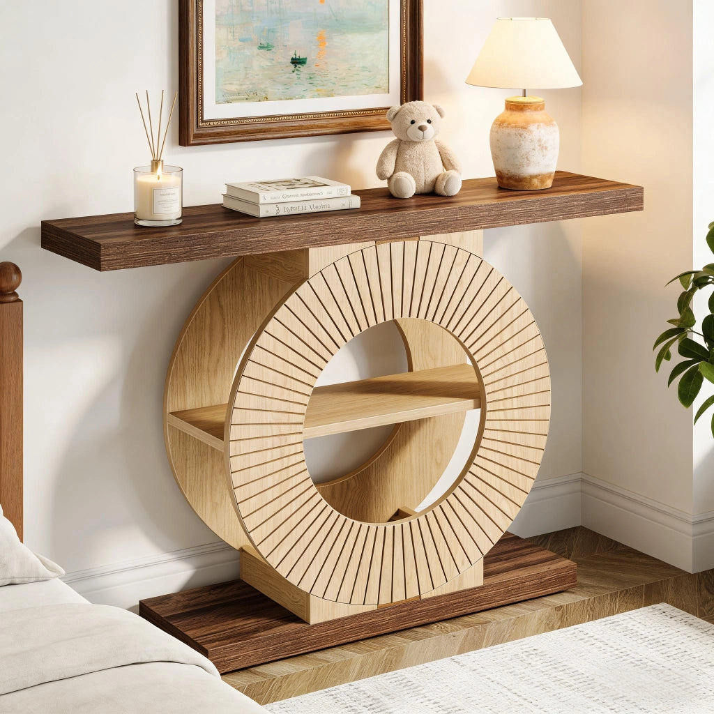 Consolle in legno con base rotonda e ripiani, stile country, per ingresso, marrone, per foto e libri