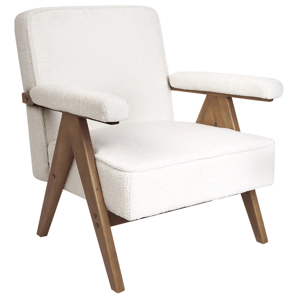 Poltrona Bianco Poliestere Tessuto Boucle Rivestimento Design Retrò Struttura in legno Braccioli Soggiorno