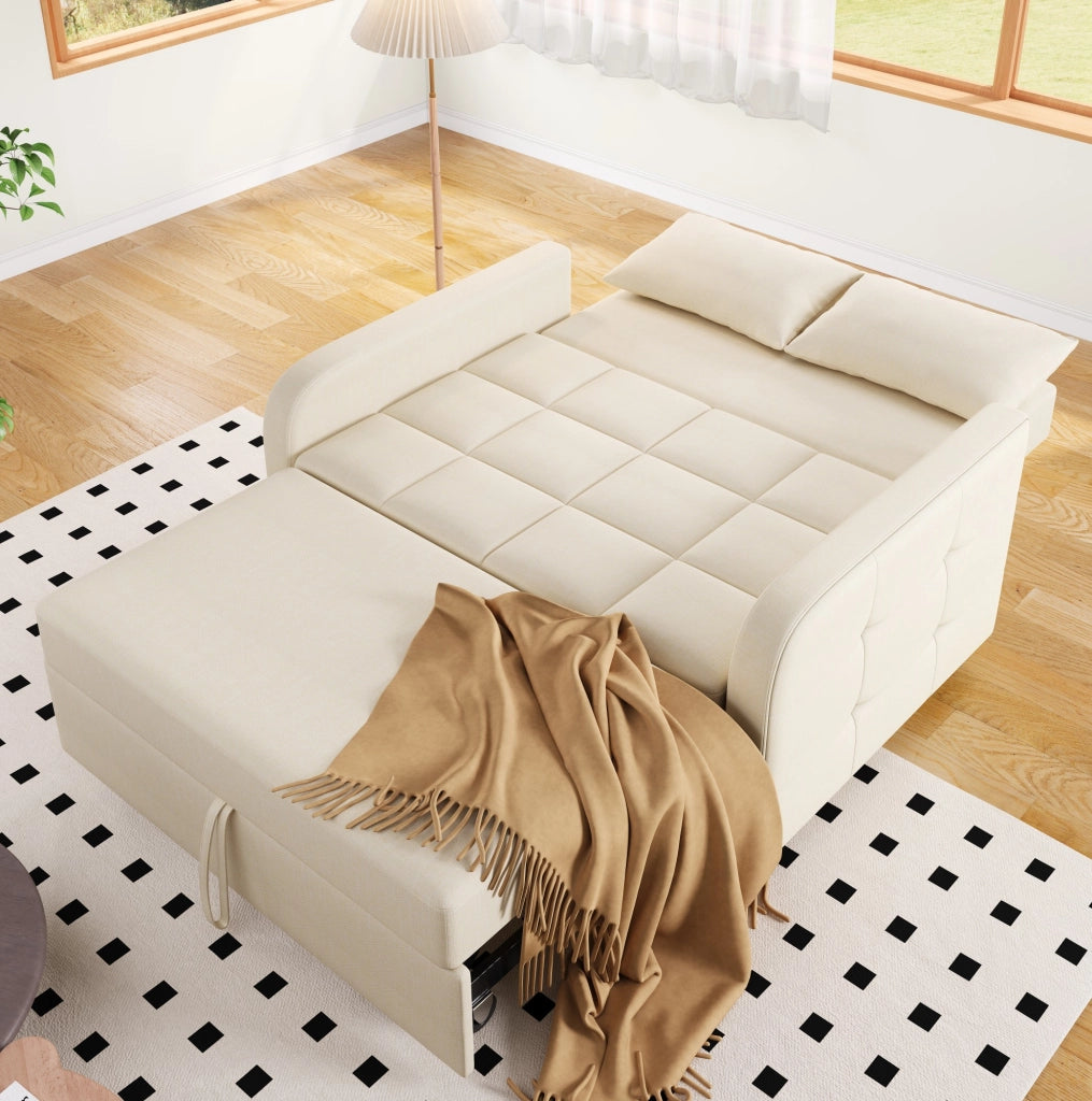 Divano letto pieghevole beige con schienale regolabile e due cuscini per ambienti compatti