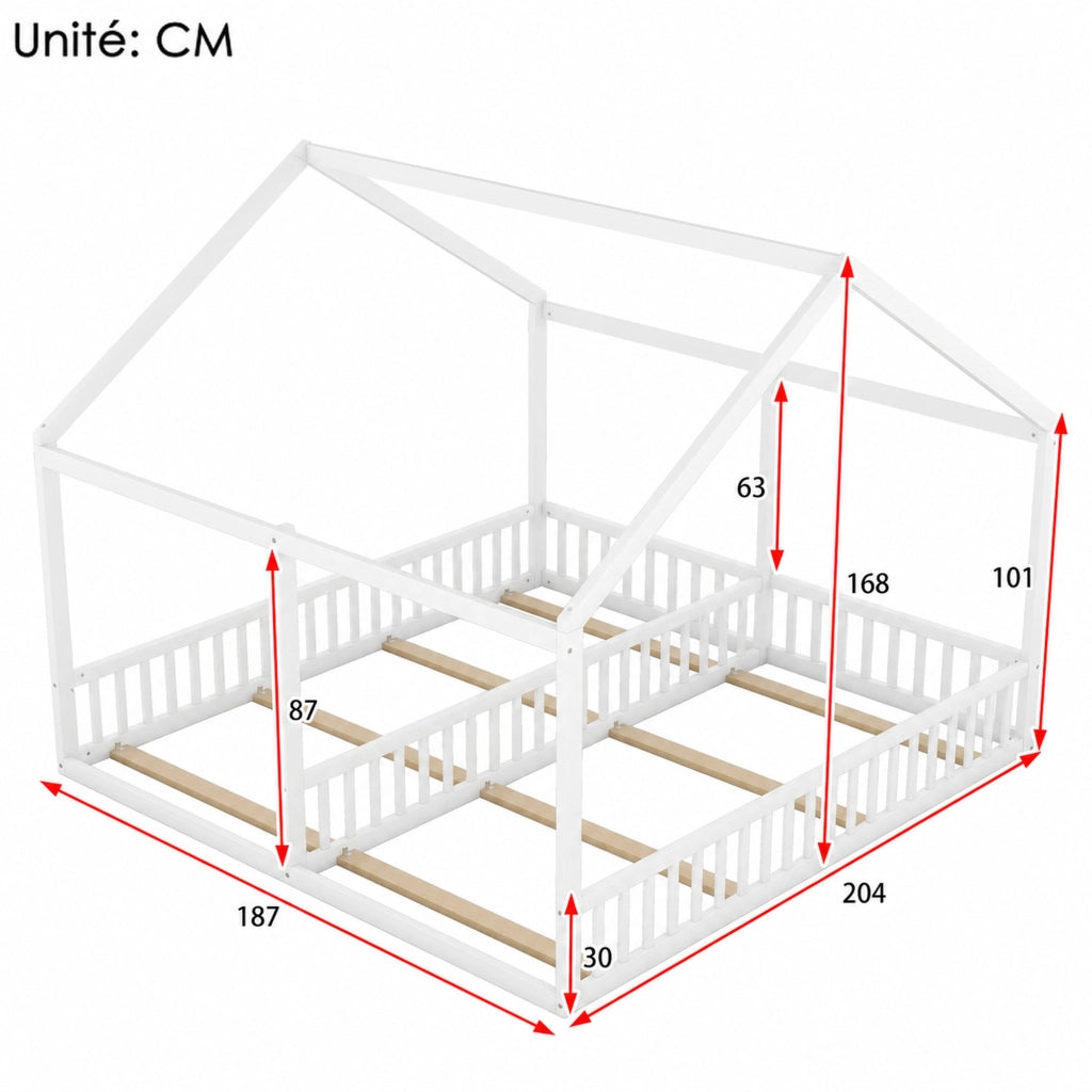 DESMIU Letto a casetta per bambini 2 posti con sponde e divisorio centrale, 90 × 200 cm, senza materasso, bianco