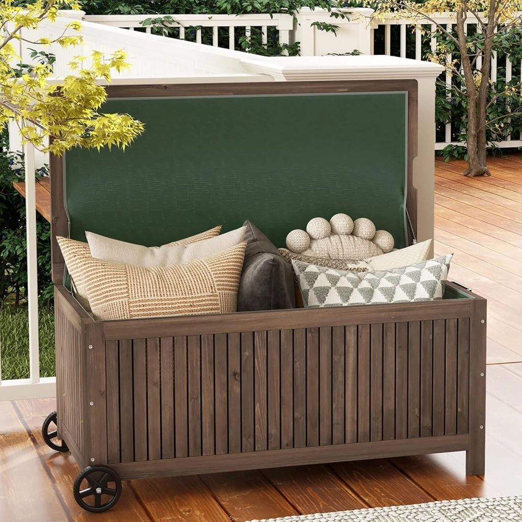 Scatola da giardino in legno, resistente alle intemperie, 213 l, con tasca interna, contenitore con ruote, con coperchio e manico, 114 x 58,5 x 51 cm
