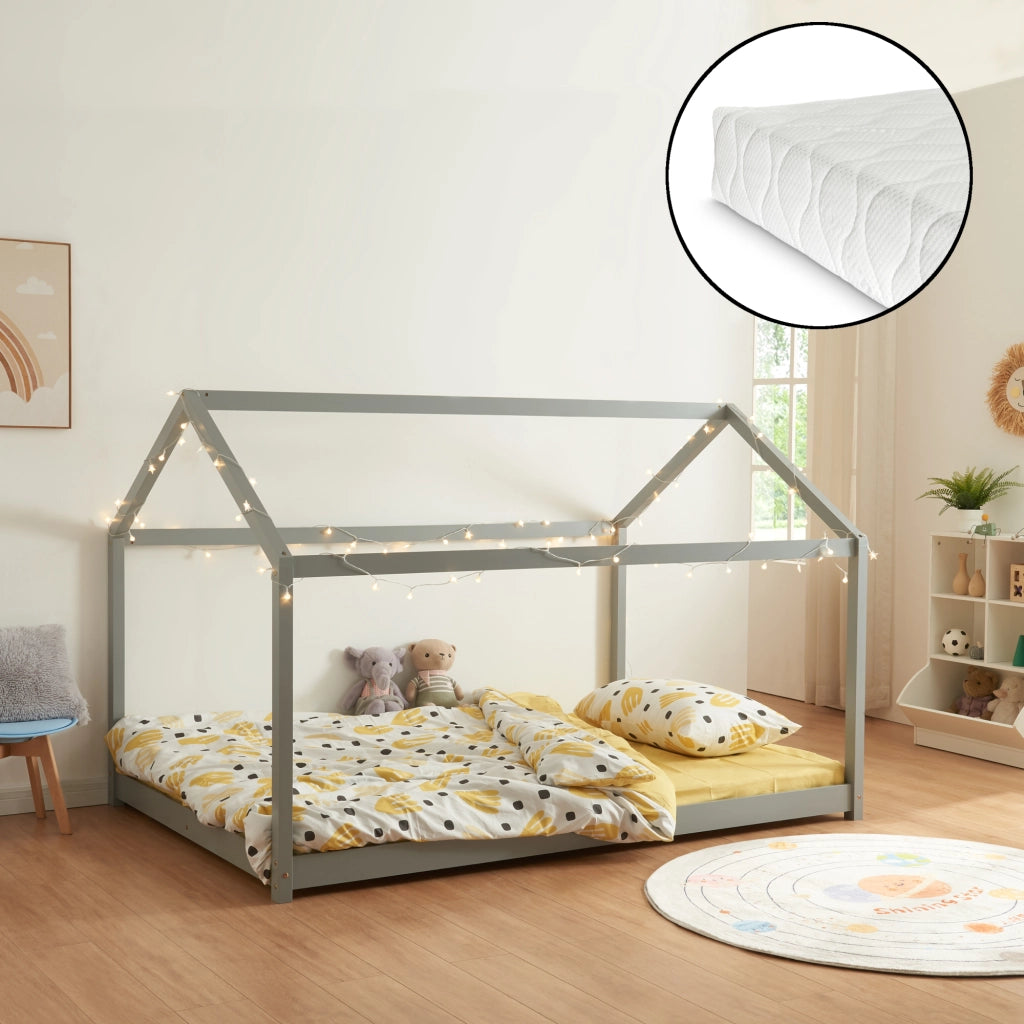 Letto per Cameretta Cerro a Forma di Casetta con Materasso 140 x 200 cm Grigio [en.casa]