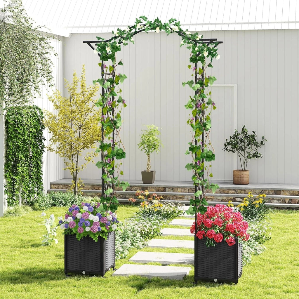 Arco da Giardino con 2 Fioriere Auto-irriganti e Ruote, Supporto per Piante in Metallo Rivestita PE Antiruggine, Grande Arco per Viti e Rose da Matrimonio all'Aperto (Grigio)