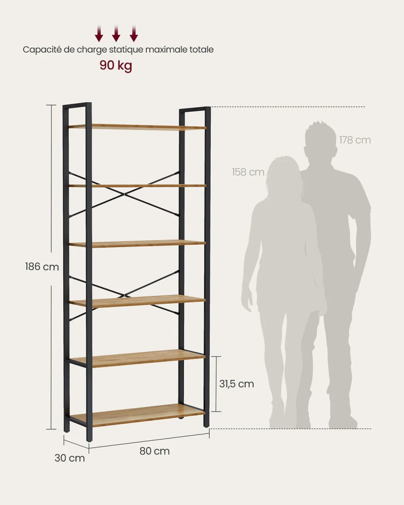 Libreria a 6 ripiani con struttura in acciaio per soggiorno ufficio ingresso stile industriale 80 x 30 x 186 cm marrone 12_0005454