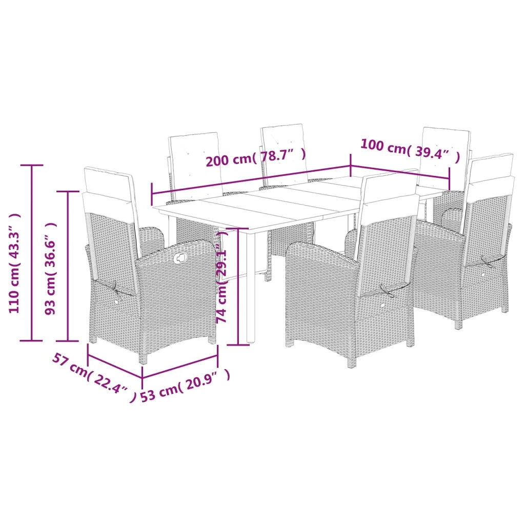 Set da Pranzo da Giardino 7 pz Nero con Cuscini in Polyrattan