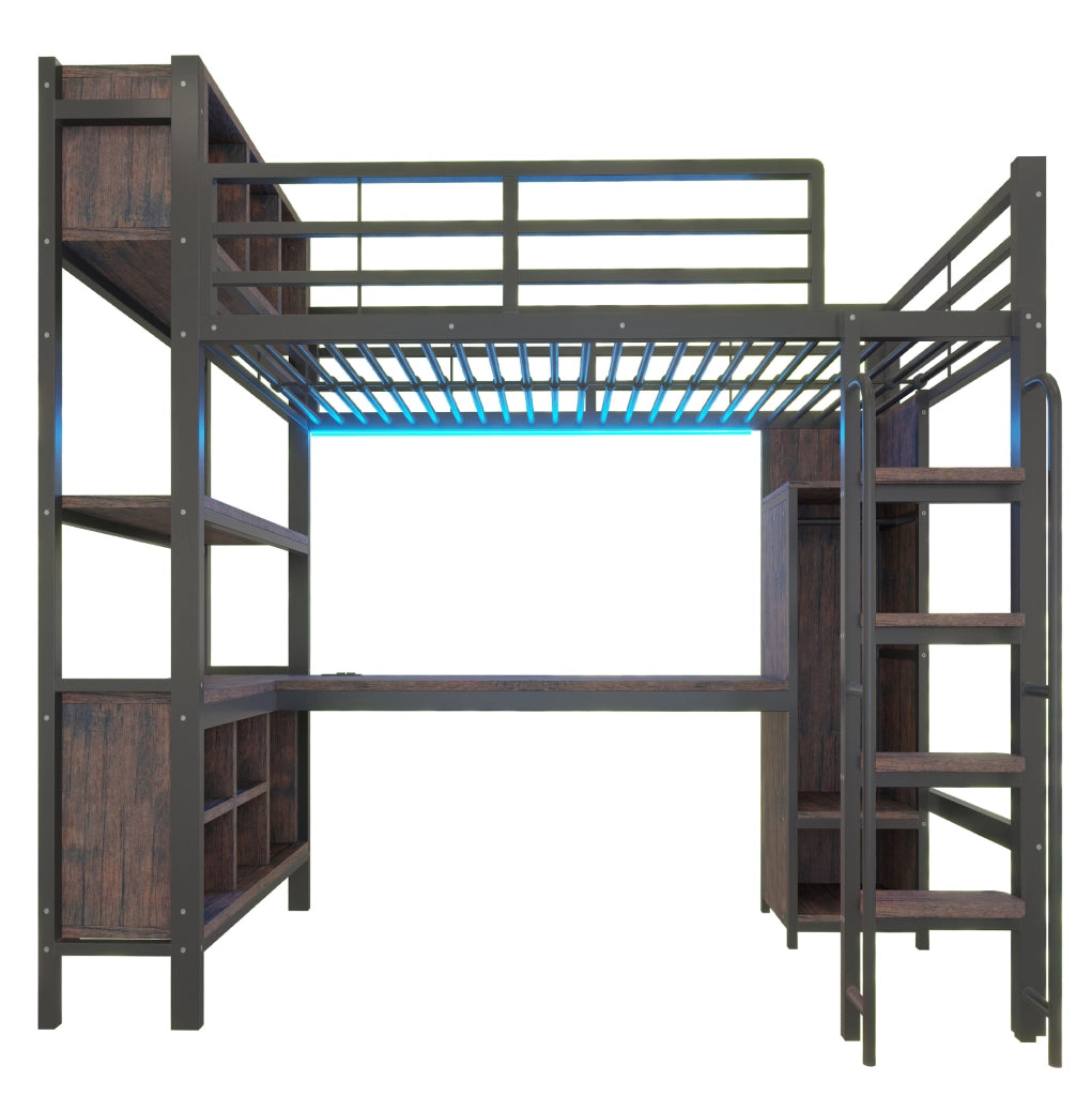 Letto a soppalco 90x200 cm con scrivania; armadio e LED in metallo nero