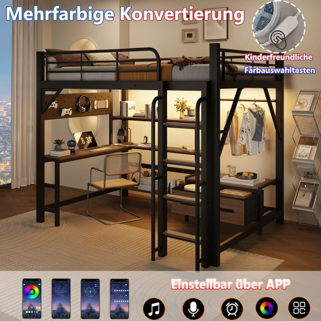 Letto a soppalco in metallo con scrivania, LED e USB, 140x200 cm, nero