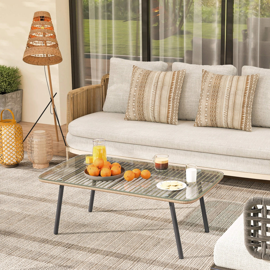 Tavolino da Giardino 110x60x40 cm in Rattan PE con Piano in Vetro e Acciaio Legno Naturale