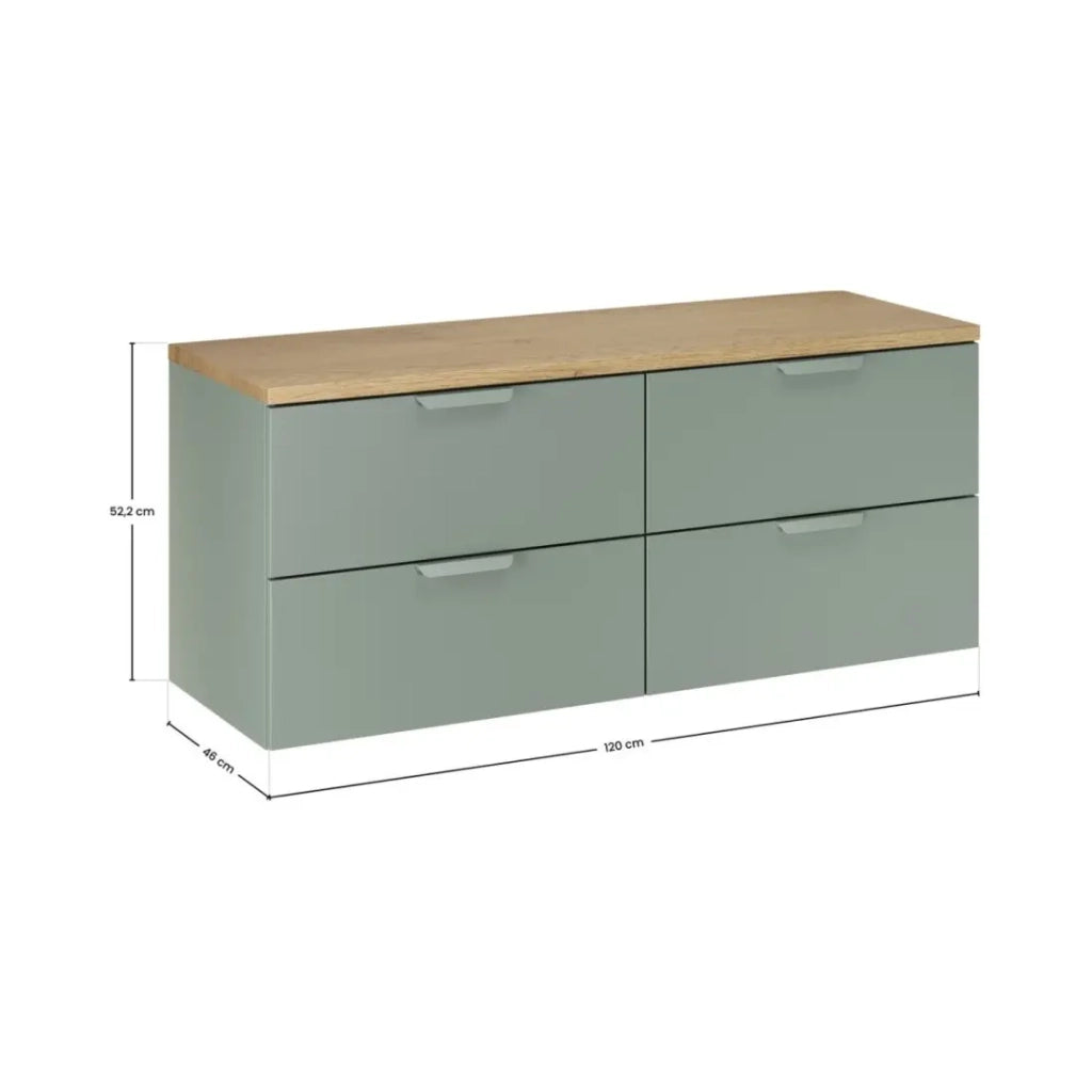 Set da bagno OSTER 120cm: mobile sottolavabo con cassetti verde salvia + piano per lavabo effetto rovere chiaro