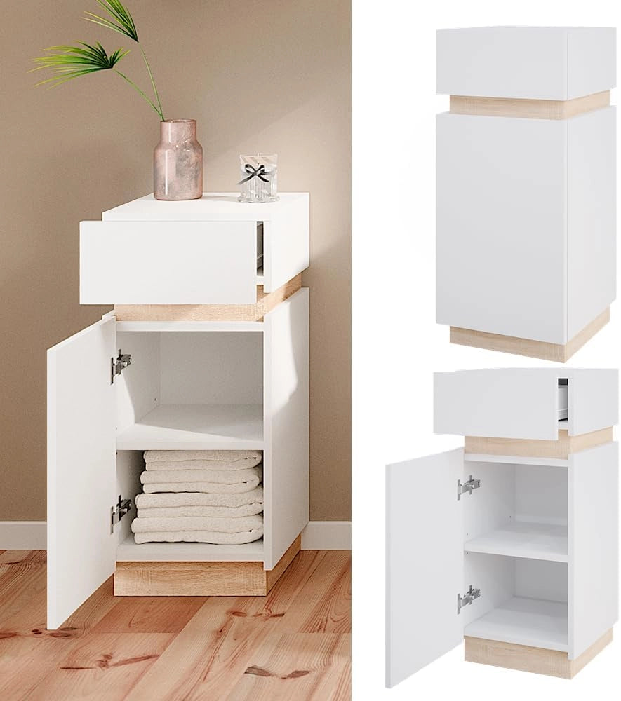 Mobiletto bagno Gloria, Bianco, 33 x 75.5 cm con anta e cassetto, con apertura per sifone e compatibile con la serie Gloria