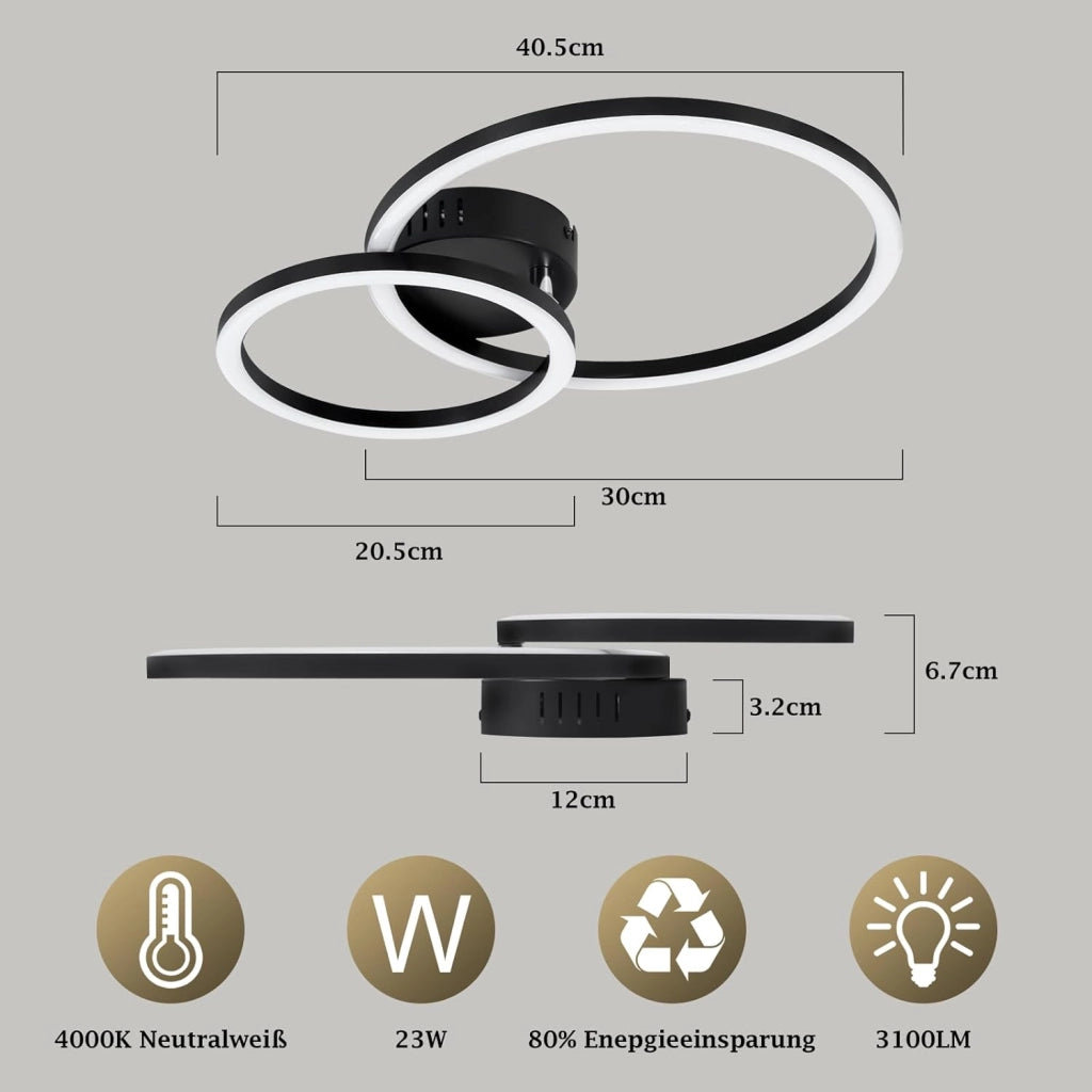 ZMH Plafoniera moderna 2 anelli LED nero 23W 4000K per soggiorno cucina camera da letto ufficio