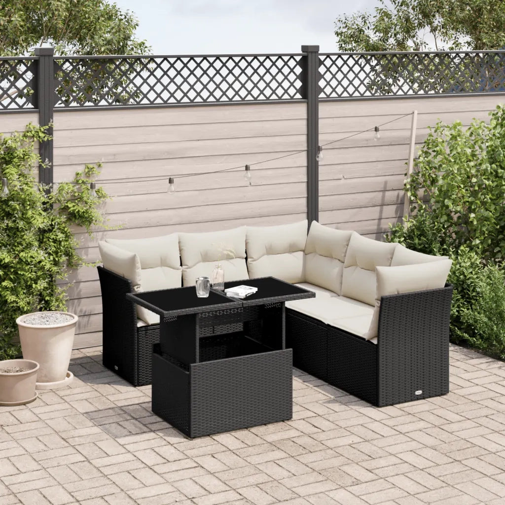 Set Divano da Giardino 6 pz con Cuscini Nero in Polyrattan