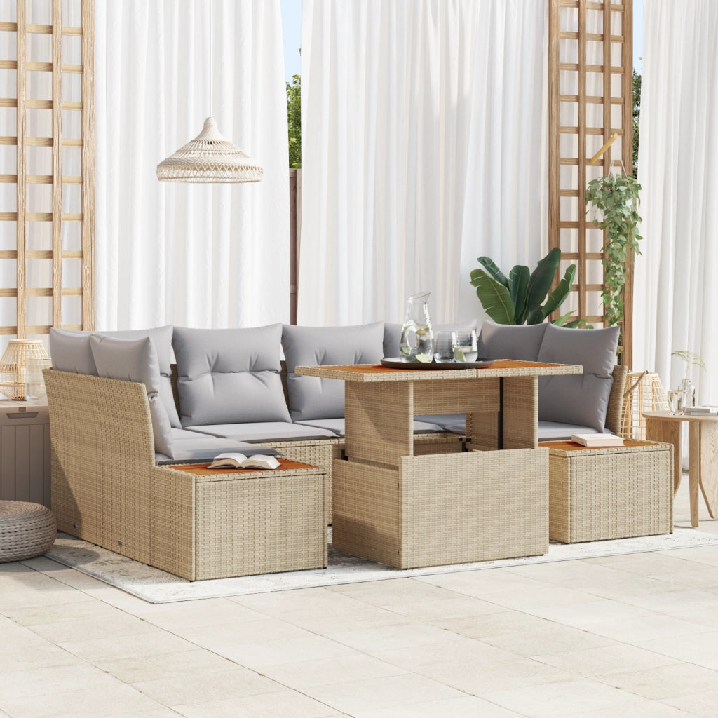 Set da Pranzo da Giardino da 7 Pezzi con Cuscini Beige Polyrattan Acacia