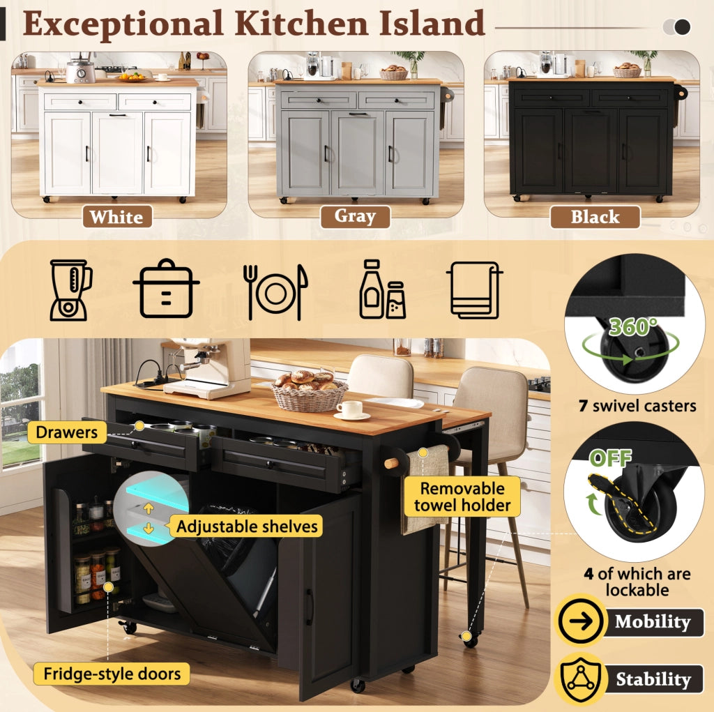 Isola da cucina mobile con piano estraibile; prese USB e Type-C; vano rifiuti; MDF nero