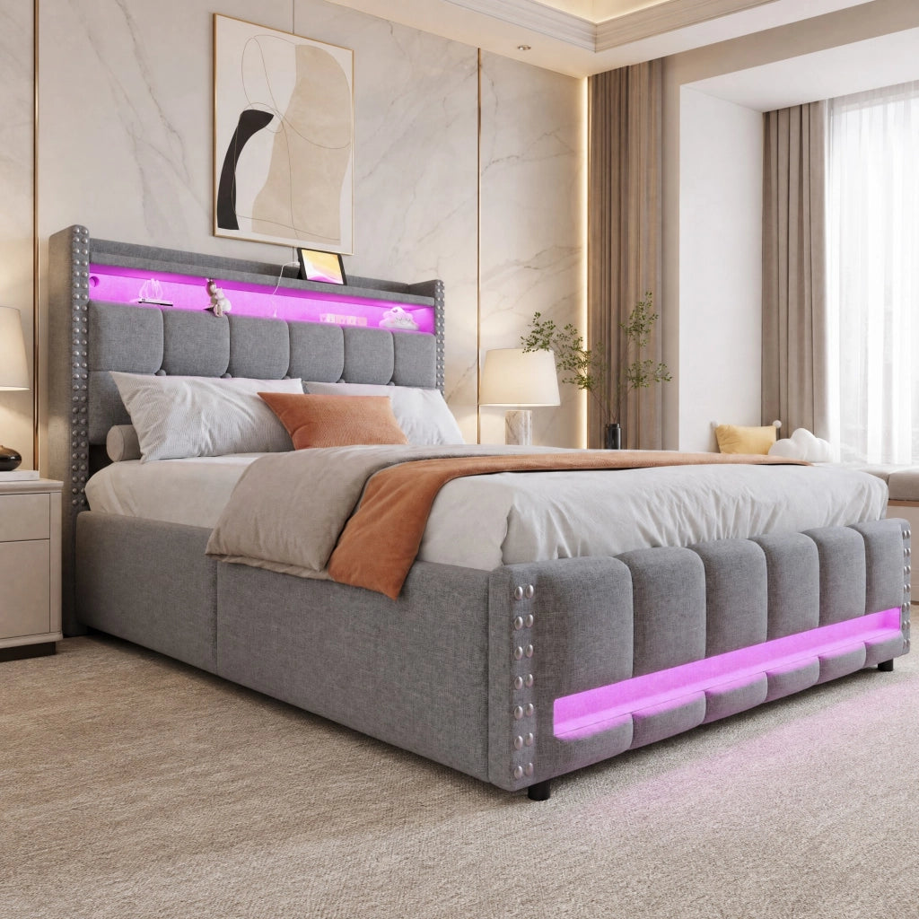 Letto imbottito 140 × 200 cm 2 posti con LED, USB, ripiani e vano contenitore, senza materasso, grigio chiaro