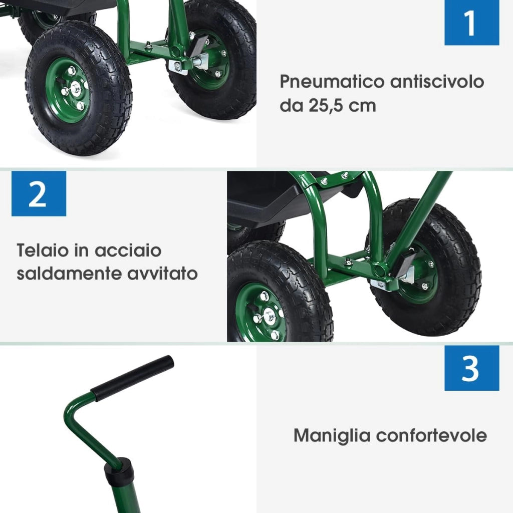 Sgabello per Giardinaggio con Ruote, Sedile da Giardino Regolabile in Altezza con Manico Estensibile, Cesto Portaoggetti, 2 Vassoi e 4 Ruote in Gomma (96,5 x 47,5 x 47-55 cm)