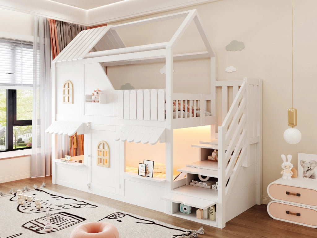 Letto a castello per bambini a forma di casa con LED, 90x200 cm, bianco