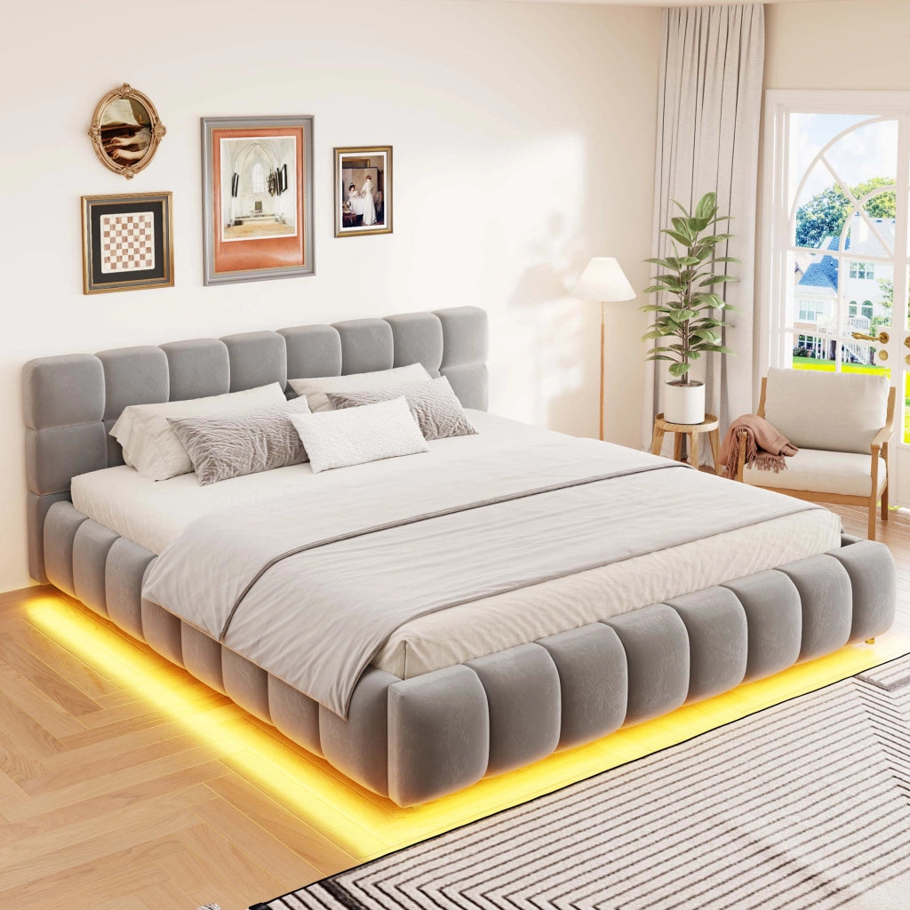 Letto imbottito con contenitore idraulico e LED, 160x200 cm, velluto grigio