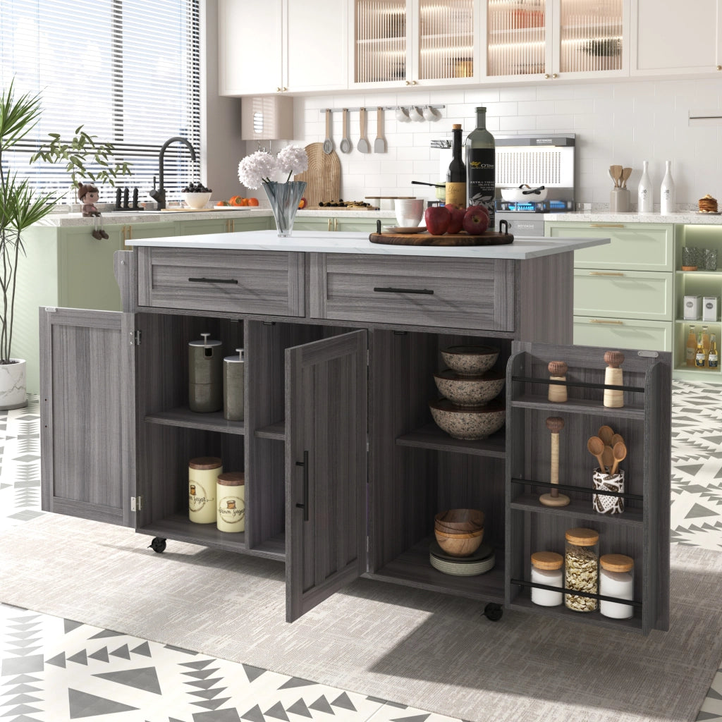 Isola da Cucina Mobile 129x46/71x91;5 cm Grigio con Piano Effetto Marmo; 2 Cassetti; Ripiani e Ruote