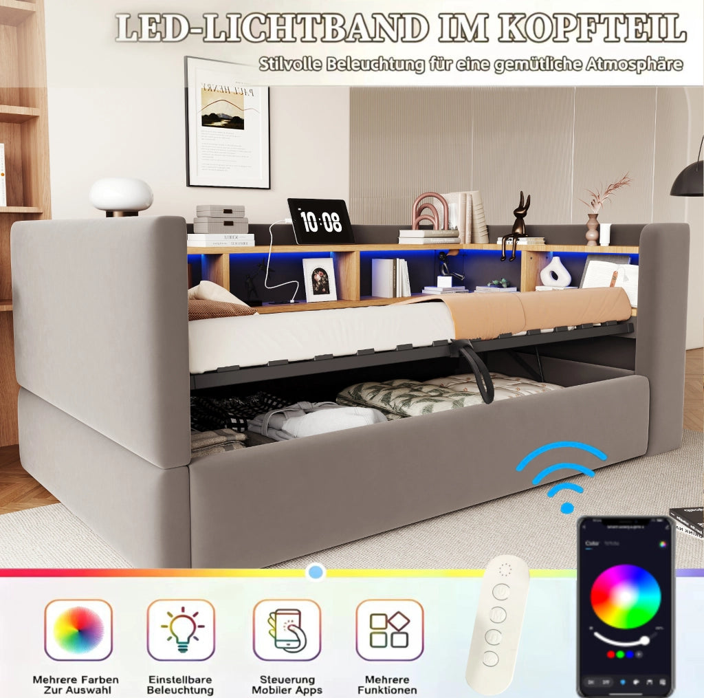 Divano letto imbottito 90x190 cm con vano contenitore; LED e prese; grigio scuro