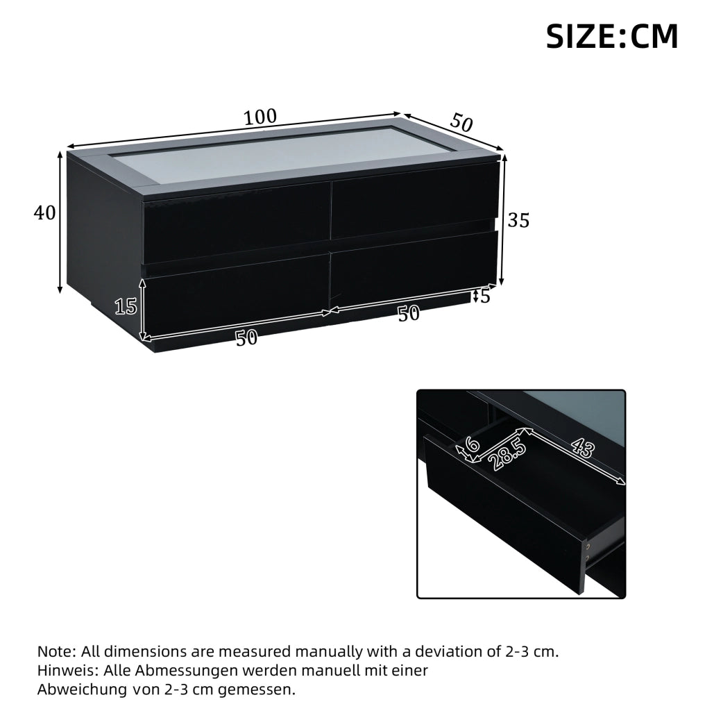 Tavolino da caffè con 4 cassetti e LED 100x50x40 cm in truciolare nero