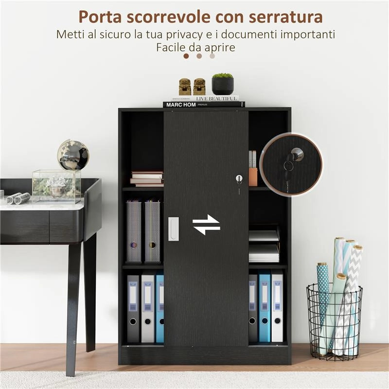 ARMADIETTO DA UFFICIO A 3 RIPIANI CON 2 CHIAVI DI SICUREZZA E ANTE SCORREVOLI 80X40X120 CM NERO