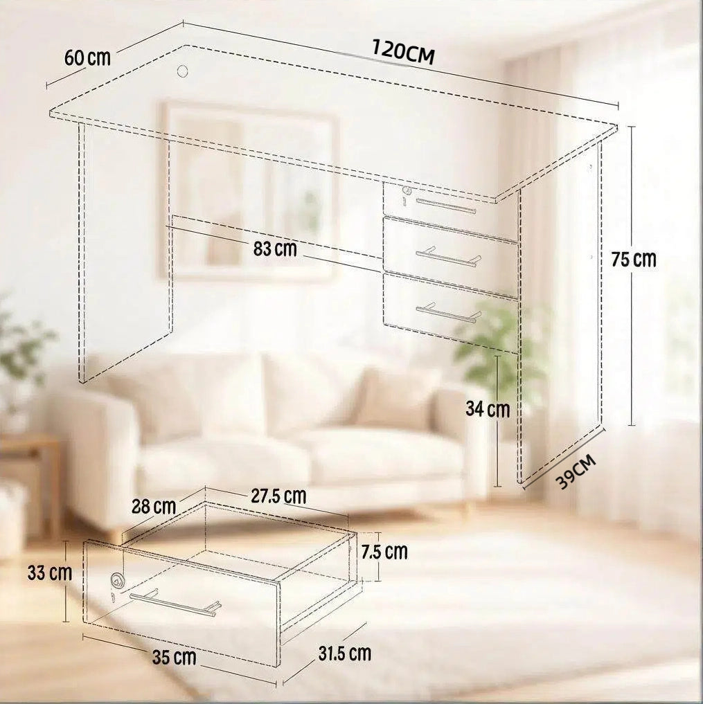Scrivania 120x60x75 cm bianca – 3 cassetti con serratura