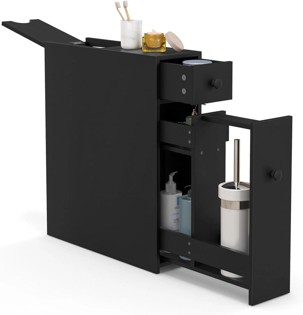 Mobile portaoggetti stretto con 2 cassetti, armadio salvaspazio ideale per spazio di ripostiglio, colonna del bagno, cucina, ufficio, WC, 48 x 16 x 58 cm (nero), QF42884FQFR