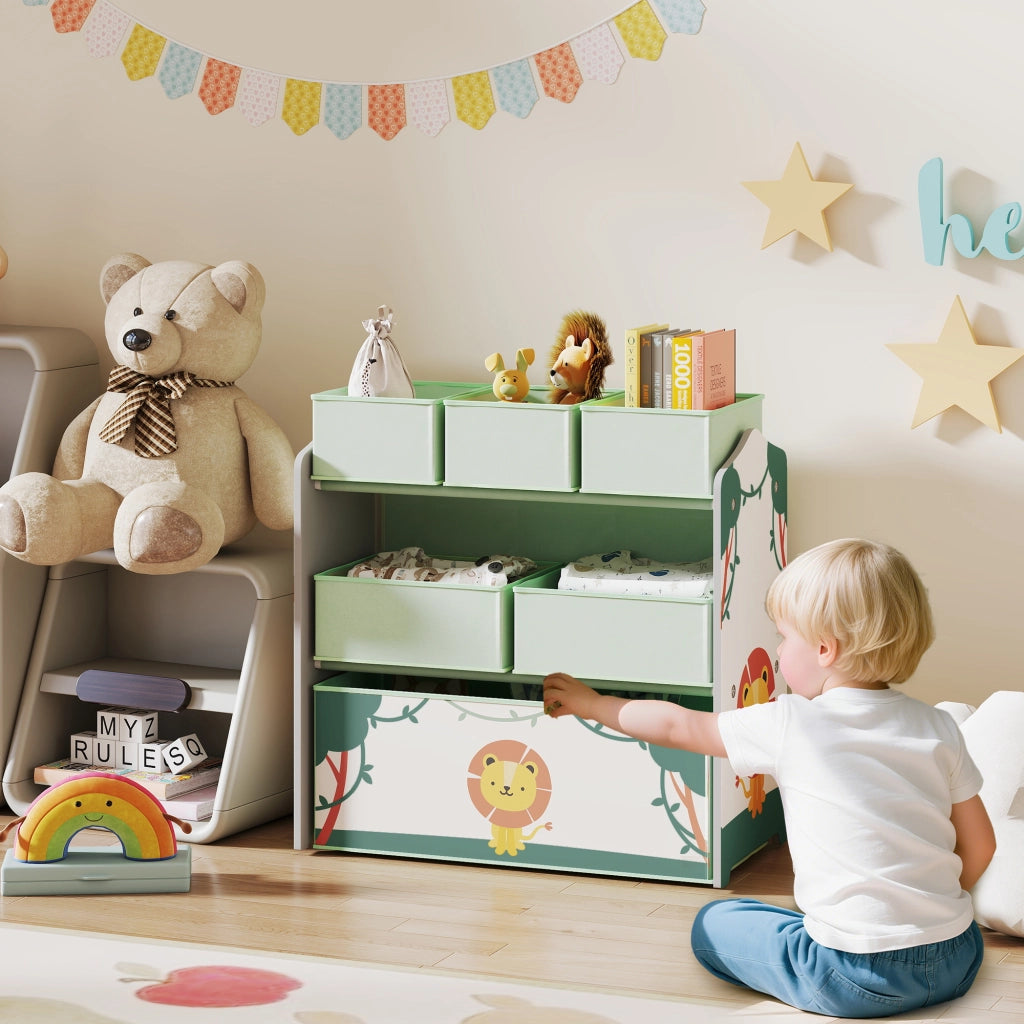 Scaffale per bambini a 3 ripiani con 6 scatole di tessuto ¨C Minimal ¨C verde