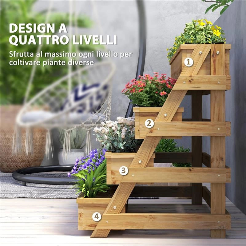 FIORIERA RIALZATA 4 LIVELLI CON FORI DI DRENAGGIO E TESSUTO NON TESSUTO IN LEGNO DI ABETE 75X57X60.5 CM