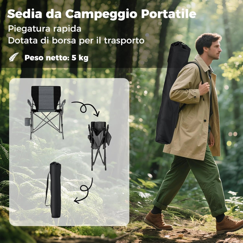 Sedia da Campeggio Portatile, Sedia da Esterno Pieghevole in Tessuto Oxford con Porta Bicchiere e Tasca Laterale, Seduta in Metallo Resistente con Sacca di Trasporto, Portata 160 kg (Nero,2)
