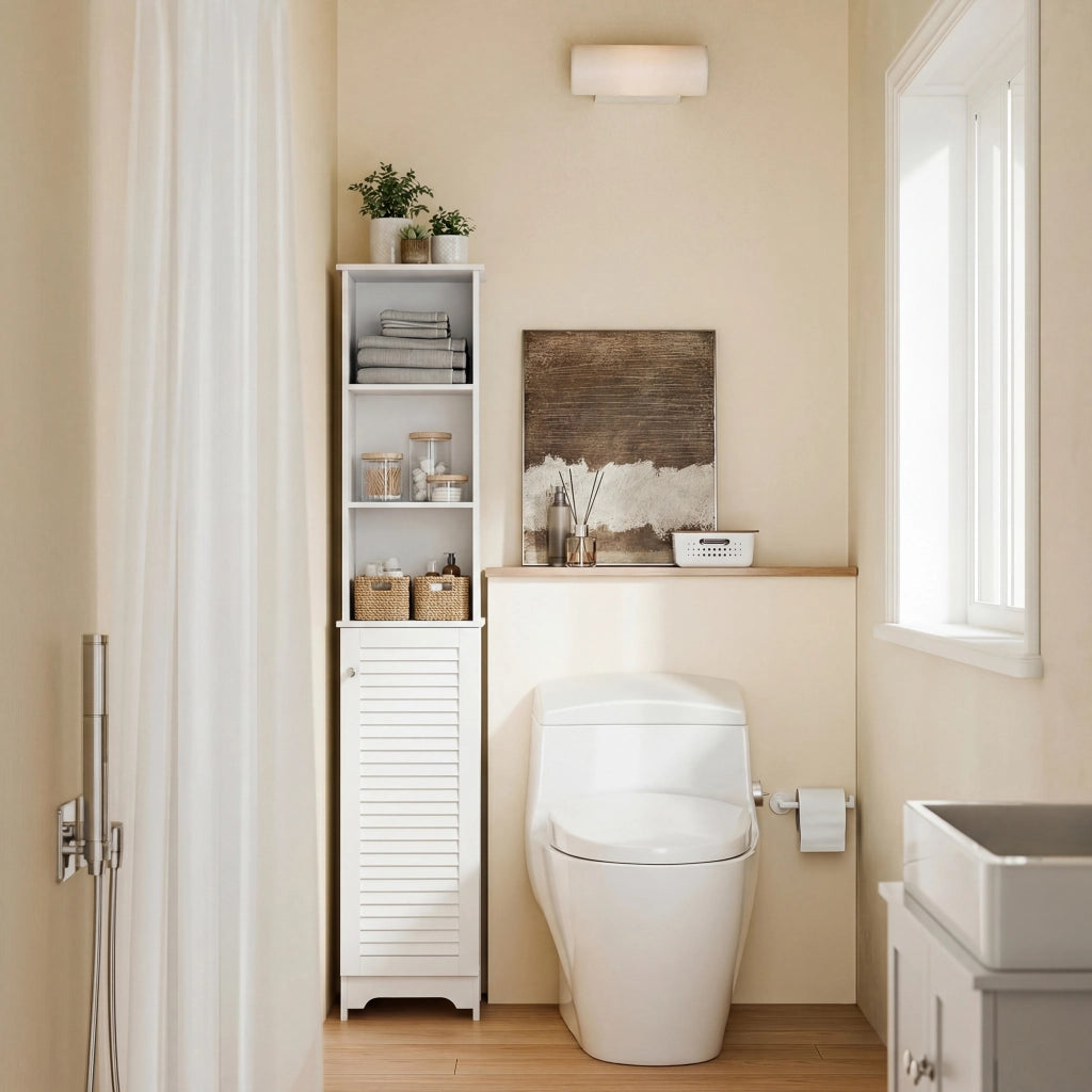 Colonna Bagno con Ripiani e Armadietto ¨C Zephmum ¨C Bianco, MDF e Truciolato, 34x20x165 cm