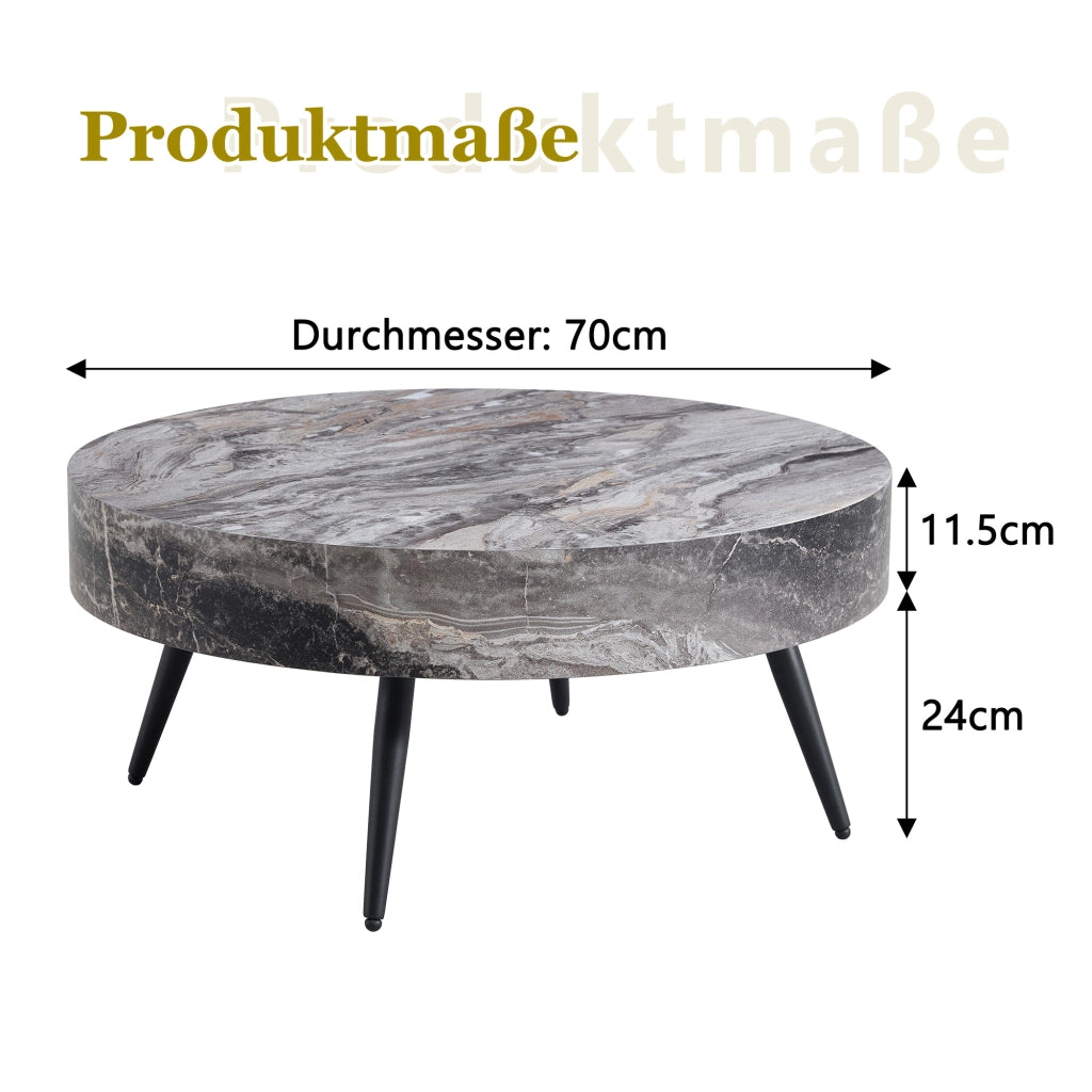 Tavolino da salotto rotondo con gambe in metallo; piano in MDF effetto marmo grigio; piedini regolabili e antiscivolo per soggiorno; 70 cm