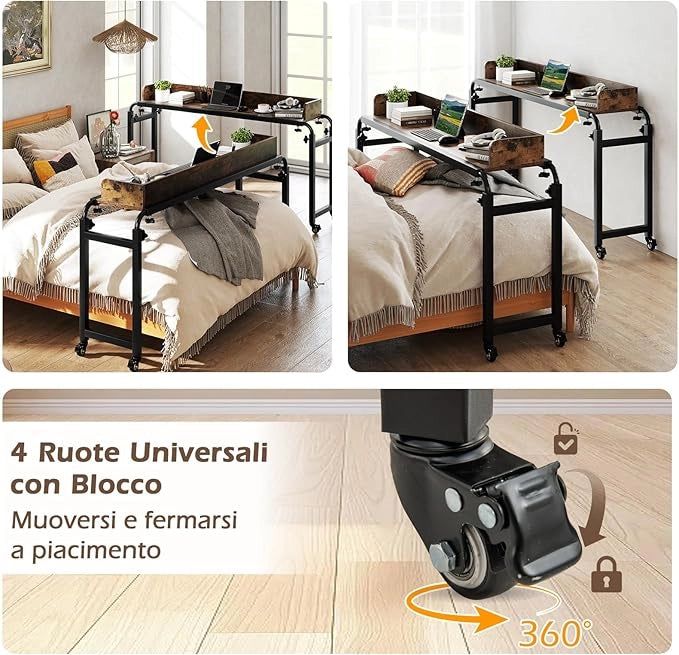 Scrivania Sopra-il-Letto con Ruote, Scrivania per Letto con Altezza e Lunghezza Regolabili, Telaio in Metallo, Mbile Portatile e Versatile per Camera da Letto, Soggiorno e Ospedale