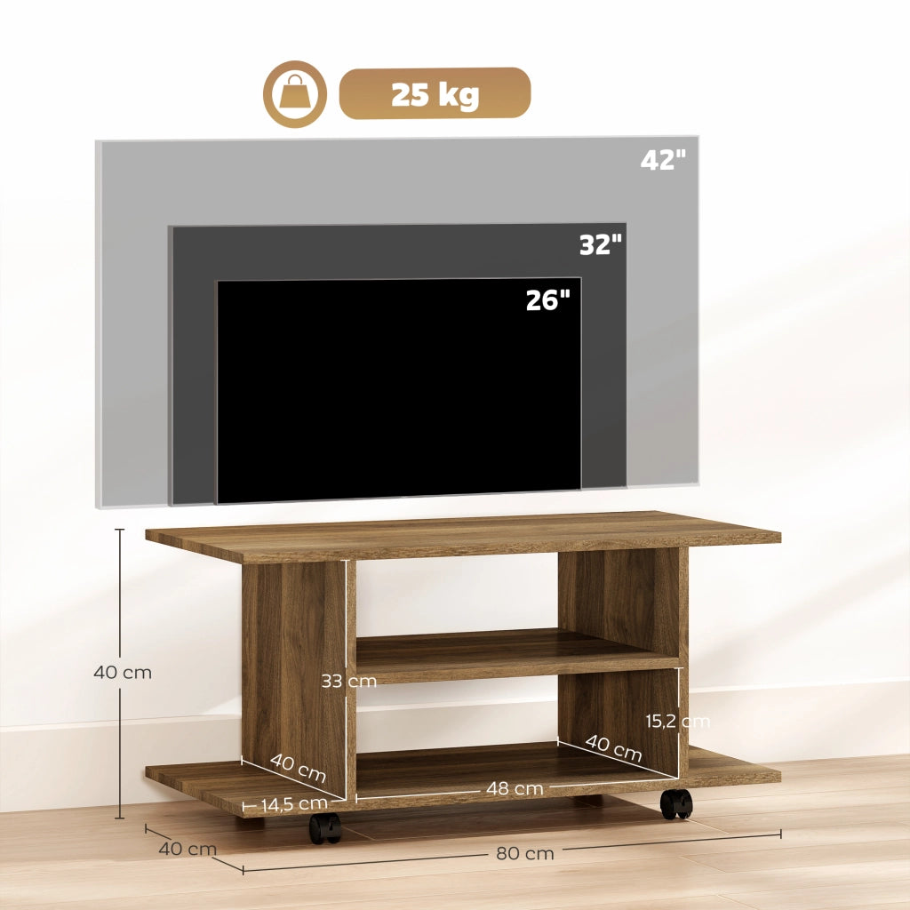 Mobile Porta TV Moderno 80x40x40 cm con Ripiani Ruote Girevoli e Freni Color Noce