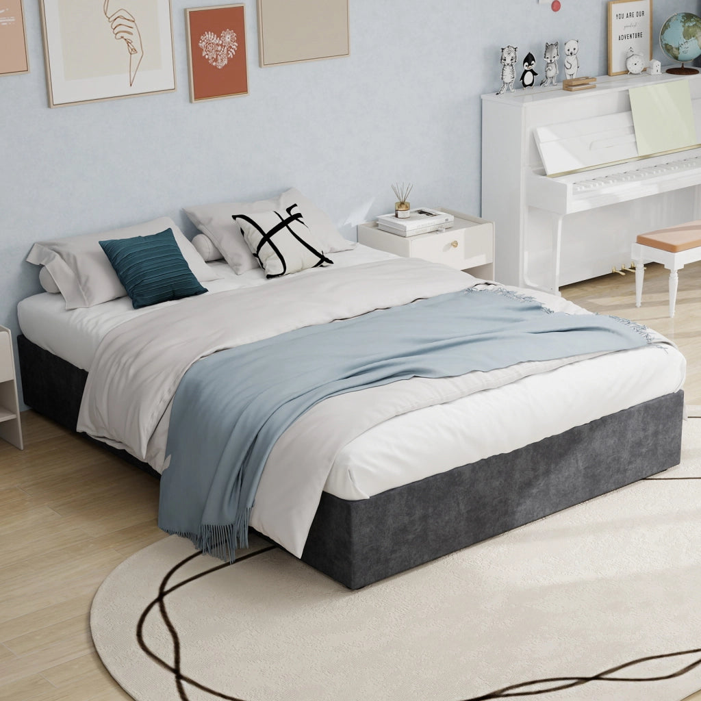 Letto Matrimoniale 160x200 cm; Struttura in Tessuto e Metallo; Grigio